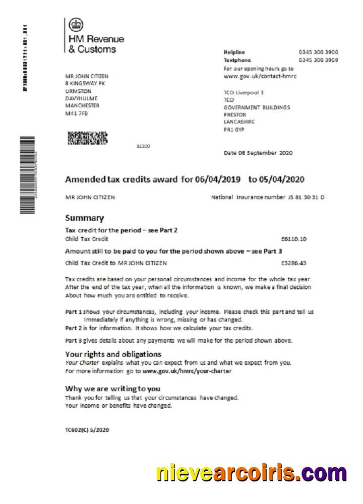 HM Revenue & Customs bank statement, Word and PDF format